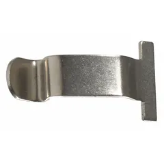 Steel spring clip arm for mounting placards, signs, or labels. Provides a spring-loaded grip for secure attachment and easy removal in industrial settings.