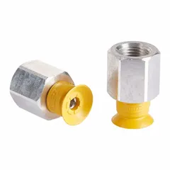 Flat type vacuum pad assembly for ESD-sensitive applications. Features NBR-ESD material, 55 A hardness, yellow color, 2.6 mm pad diameter, and 23.3 mm pad height. Suitable for handling small components in electronics assembly where electrostatic discharge protection is required.
