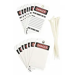 White danger tags with pre-printed black/red header. Each tag includes a cable tie for secure attachment. Pack of 25. Suitable for identifying hazardous areas or equipment in industrial settings.
