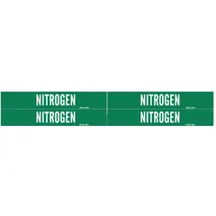 Green adhesive pipe marker with white 'Nitrogen' legend for identifying nitrogen piping. Fits pipe outer diameters from 3/4 to 2-3/8 inches. Pack of four markers without arrows. Suitable for industrial facility pipe identification.