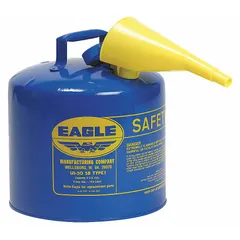 This EAGLE Type I safety can is designed for storing and dispensing kerosene. It has a 5-gallon capacity and is constructed from powder-coated steel. The can includes a funnel for convenient filling. Typical applications include industrial and commercial settings where safe handling of flammable liquids is required.