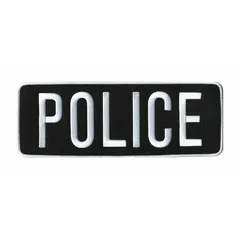 Embroidered insignia measuring 11 inches by 4 inches, featuring black lettering on a white background. Constructed from a polyester/rayon blend with a backing for attachment. Suitable for uniform identification on jackets, vests, or bags.