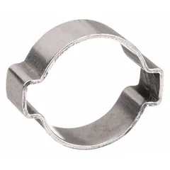 Double-ear clamp made from 304 stainless steel with a clamping diameter range of 5/16 in to 7/16 in and a maximum closing force of 2,500 N. Designed for permanent, secure clamping in industrial fluid and air systems, providing a leak-free seal in hose and tube connections.