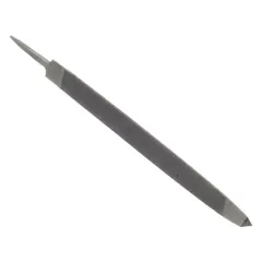 Triangular file with single-cut, second-cut pattern, 6-inch length without tang, and 1/2-inch width. Tapers towards the point for access in confined angles and corners. Suitable for precision filing, deburring, and sharpening in metalworking and machining applications.