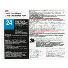 Secondary bottle label measuring 8 1/2 inches wide, printed with legend '3M 3-in-1 Floor Cleaner Ready-to-Use 24'. Supplied as a 12-pack. Used to identify and organize cleaning solutions in industrial facilities, helping maintenance teams quickly recognize chemical contents and comply with workplace safety labeling requirements.