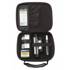 This fiber optic connector cleaning kit supports all fiber types and includes 1.25 mm port cleaning swabs. It provides 620 cleans per kit, suitable for cleaning connectors in network installations.
