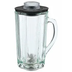 Glass blender container assembly with blade and lid, 40 oz capacity, black/clear finish. Designed for use with heavy-duty food blenders, compatible with model CB15. Suitable for blending tasks in commercial food preparation settings.