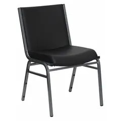 This padded stackable chair features a black vinyl seat and a metal frame in black. The armless design allows for flexible seating arrangements and efficient storage when stacked. Suitable for use in conference rooms, training facilities, and event spaces.