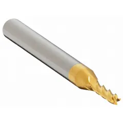 General purpose carbide square end mill with TiN coating for reduced friction and heat. Features 4 flutes, 2 mm mill diameter, 8 mm length of cut, and 39 mm overall length. Suitable for milling metals and composites in industrial manufacturing and maintenance applications.