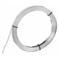This 201 stainless steel strapping is used for heavy-duty bundling, clamping, and securing industrial equipment, piping, and cables. It is 100 feet long with a break strength of 4,400 lb, suitable for demanding applications requiring corrosion resistance and reliable tensioning.