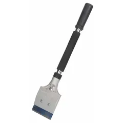 Floor scraper with a stiff, straight carbon steel blade for heavy-duty scraping tasks. Features a foam/rubber grip handle with a hammer end for added utility. Suitable for removing floor coverings, adhesives, and other materials from surfaces in construction and renovation work.