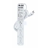 LEVITON Outlet Strip: 6 Outlets, 7 ft Cord Lg, 644 J Rated Energy, 20 A Current, White, 5-20P, 5-20R (MPN 53C6M-2S7)