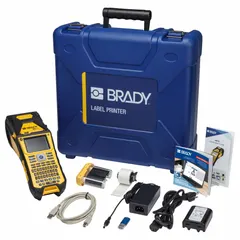 Portable 2" label printer with Bluetooth connectivity for facility identification tasks. Includes battery, USB cable, self-laminating cable wraps, and Brady Workstation Product and Wire ID Software Suite. Suitable for wire marking, panel labeling, and asset tagging in industrial environments.