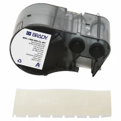Thermal transfer continuous label roll cartridge in clear gloss vinyl for indoor/outdoor use. Measures 1 1/2 in x 20 ft. Integrates label and ribbon for single-step installation. Compatible with Brady BMP51 printer series. Used for on-demand printing of durable labels for cable marking, asset tagging, and safety identification.