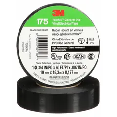 Vinyl/rubber electrical tape rated for 600 V indoor use. 20 yd length, 7 mil thickness. Suitable for wire splicing, harnessing, and general electrical insulation in maintenance applications.