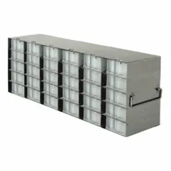 Stainless steel freezer rack with locking rods for secure storage in cold environments. Overall length 22 in, width 5 1/2 in. Suitable for organizing and securing frozen items in commercial freezer drawers.