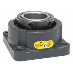 Flange-mount spherical roller bearing with a 1 15/16 in cylindrical bore and cast iron housing. Secured to the shaft via set screws; pre-lubricated with lithium complex grease. Accommodates moderate misalignment and shock loads in industrial machinery such as conveyors, fans, and pumps. Mounting bolt size: 1/2 in; overall length: 5 1/4 in.
