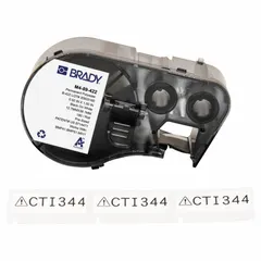 Precut label roll cartridge containing polyester labels with black-on-white printing. Each label measures 1 1/2 in x 1/2 in. Compatible with Brady M510 printer series. Used for asset identification, cable marking, and general safety labeling in industrial environments.