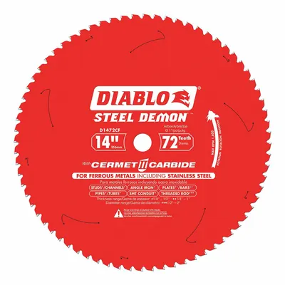 DIABLO Circular Saw Blade: 14 in Blade Dia., 72 Teeth, 0.08 in Cut Wd, 1 in Arbor Size - Stainless Steel-Cutting Blades