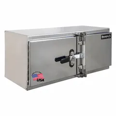 This double barn-door box from BUYERS PRODUCTS is designed for underbody truck mounting. It features a silver finish, padlockable locks, and pull-handle latches. The 24-inch overall depth provides storage for tools and equipment.