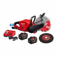 This cordless handheld concrete saw is designed for wet or dry cutting of concrete slabs, pavement, and masonry. It accepts a 9 in blade and achieves a maximum cutting depth of 3 3/8 in. The tool operates on a 12 Ah battery (sold separately) and is suitable for job sites where portability and battery power are preferred.