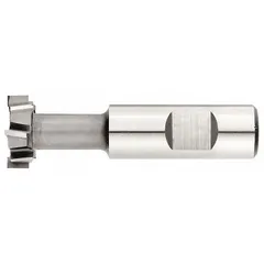 High-speed steel T-slot milling cutter with staggered tooth design for reduced chatter and efficient chip evacuation. Designed for cutting T-slots in machine tables, fixtures, and workholding setups to accommodate 3/8" T-slot bolts. Suitable for general-purpose slotting in steel and other materials.