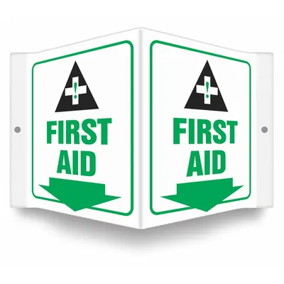 CONDOR Safety Sign: PETG, Mounting Holes Sign Mounting, 6 in x 8 1/2 in Nominal Sign Size - V-Shape Projection First Aid Signs