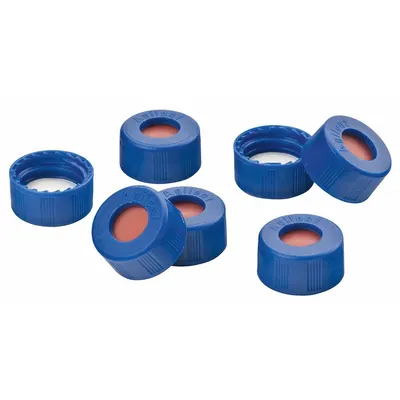 CHEMGLASS Closure: 9 mm Dia, Blue/Off-White, PTFE, Autoclavable, Septa Included, Narrow Mouth Size - Snap On Bottle Caps