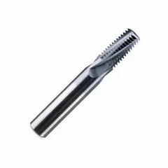 Helical-flute thread mill for cutting 1/16"-27 NPT tapered pipe threads. Constructed from carbide with a TiAlN coating for heat resistance. Features 3 flutes. Used for threading in applications such as plumbing, hydraulic, and pneumatic systems.