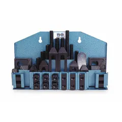 This 54-piece wall-mount clamping kit from TE-CO is designed for use with machine tables having 9/16 in T-slots and 1/2"-13 studs. It includes (4) 7 in studs. Typical applications include securing workpieces during milling, drilling, and other machining operations.