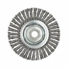 This heavy-cleaning brush features a 0.02" twisted steel fill and is designed for contoured carbon steel surfaces. With a 4 1/2" diameter and 3/16" width, it mounts on a 5/8"-11 arbor. Suitable for removing rust, scale, and weld splatter from irregular shapes in fabrication and maintenance applications.