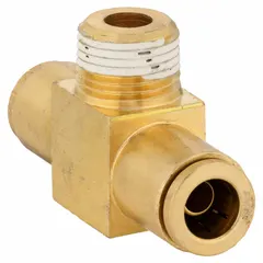 Brass adapter tee with push-fit connections for 1/2 in OD tubing on two ports and a 1/4 in pipe thread on the third port. Used in pneumatic systems to create branch or distribution points. No special tools required for installation.