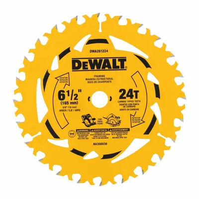 DEWALT Circular Saw Blade: 6 1/2 in Blade Dia., 24 Teeth, 0.07 in Cut Wd, 5/8 in Arbor Size - Wood-Cutting Blades