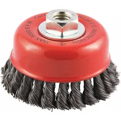 This cup brush features standard twist knot wire bristles with a 0.014 in fill diameter, designed for heavy cleaning and surface preparation on contoured carbon steel surfaces. The 4 in diameter brush connects via a 5/8"-11 arbor hole, suitable for deburring, rust removal, and weld seam cleaning in industrial metalworking applications.