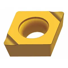 Diamond indexable turning insert for precision machining of non-ferrous materials, composites, and plastics. Used in turning operations requiring high surface finish and tight tolerances. Model designation CCGT060202-X5, manufacturer part number 5004268.