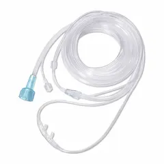 PVC nasal cannula for adult patients, featuring a 14 ft tube length and softened tips for comfort. Used for delivering supplemental oxygen in clinical or home-care settings.