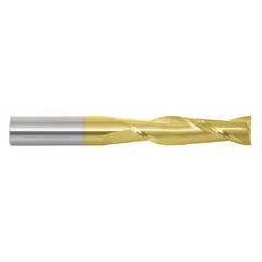 This carbide square end mill features a titanium nitride (TiN) coating to reduce friction and heat, extending tool life. With 2 flutes and a 1" diameter, it is suited for general-purpose milling of steel, stainless steel, and cast iron. Applications include slotting, profiling, and contouring in industrial machining.