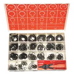 This 395-piece assortment of internal retaining rings is designed for inch-size housing grooves. The rings are made of steel with a black phosphate finish, providing corrosion resistance. Suitable for securing components in bores and housings in industrial machinery and maintenance applications.