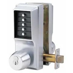 Mechanical keyless access lockset with push-button operation on both sides. Chrome finish. Key override compatible with Best and equivalents (6 or 7 pin). Suitable for interior doors in commercial and institutional settings requiring keyless entry and key override capability.