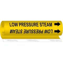 Wrap-around pipe marker for low pressure steam lines. Yellow background with black legend and directional arrows. Fits pipe outer diameters from 2-1/2 to 7-7/8 inches. Single marker supplied.