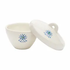 This glazed porcelain crucible has a 41 mm diameter and 26 mm overall height. It is autoclavable and suitable for high-temperature laboratory procedures such as ashing, melting, and heating small samples.