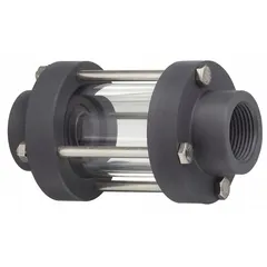 Full-view flow indicator with PVC double-wall body and acrylic window for visual confirmation of fluid movement. Features 1 1/4 in FNPT pipe threads, Viton seal, and 140 psi maximum operating pressure. Suitable for horizontal mounting and allows flow in any direction. Used in piping systems where corrosion resistance is required.