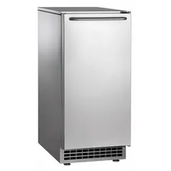 Air-cooled undercounter ice machine producing 64 lb of ice per day. Measures 34 3/8 in high by 14 7/8 in wide. Silver finish. Includes ice scoop. Suitable for commercial kitchens, bars, and hospitality settings requiring compact ice production.
