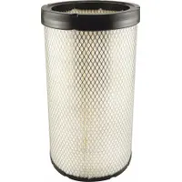 Engine air filter with round-oval shape and radial seal. Overall height 15 7/32 in. Compatible with Caterpillar vehicles. Traps airborne contaminants to protect engine in heavy-duty applications
