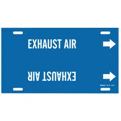 Blue strap-on pipe marker with white legend reading 'Exhaust Air' and directional arrows. Fits pipe outer diameters of 10 to 15 inches. Single marker for identifying exhaust air lines in industrial piping systems.