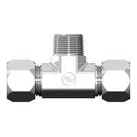 This steel compression tee fitting features a flareless bite-type design for secure connections in tubing systems. It accommodates two 1/4 in OD tubes and one 1/8 in pipe size connection. Suitable for hydraulic, pneumatic, and lubrication applications requiring leak-resistant joints