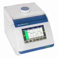 Programmable digital thermal cycler with aluminum interior, 96 PCR strip capacity, and temperature uniformity of +/-0.2°C at 90°C. Operates on 75 to 275V. Used for polymerase chain reaction (PCR) amplification of DNA samples in molecular biology laboratories.