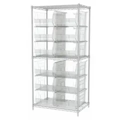 Steel-framed single-sided shelving unit with 12 clear polymer open-front giant hopper bins. Bins measure 11 in x 16-1/2 in x 23-7/8 in, providing visibility and easy access for organizing small to medium parts in warehouses, assembly lines, and maintenance shops.