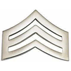 Silver metal chevron rank insignia for Sergeant. Measures 1 inch. Attaches via clutch pin. Sold as a pair. Used on uniforms to denote rank in military, law enforcement, and security contexts.