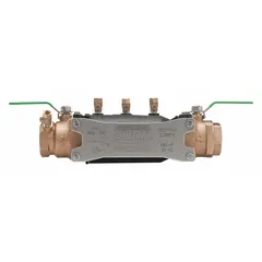 The ZURN WILKINS 350XL is a 2-inch double check backflow preventer with a bronze body and flange x flange connections. It features ball valve shut-offs and has an overall length of 16 inches. This assembly is used in water supply systems to prevent backflow contamination.